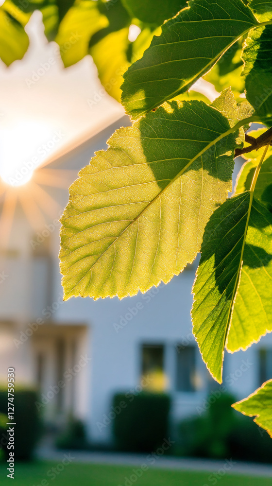 Poster bright sunlight filtering through fresh green leaves on a tree branch in front of a blurred house, c