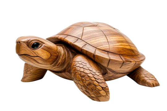 Carved wooden turtle on a white backdrop, highlighting exquisite craftsmanship isolated on transparent background