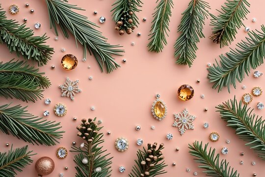 Festive Celebration with Cedar Tips and Jewels on Pastel Peach Canvas - Soothing Ambiance and Engaging Flat Lay Arrangement