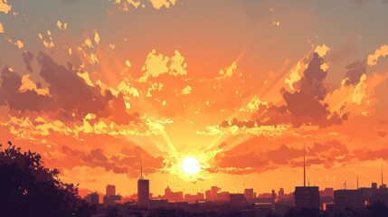 Golden Hour Paints the Cityscape with Warm Hues and Radiant Light, Urban Sunset with Dramatic Clouds.