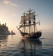 Old sailing ship anchored in calm sea with a lighthouse nearby, wave, waves, sailing ship