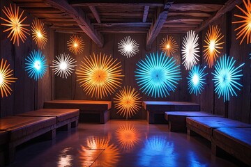 Vibrant Whimsical Atmosphere with Bright Cyan Orange and White Starburst Lighting