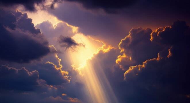Dramatic sunset sky with sun rays breaking through dark clouds - Powered by Adobe