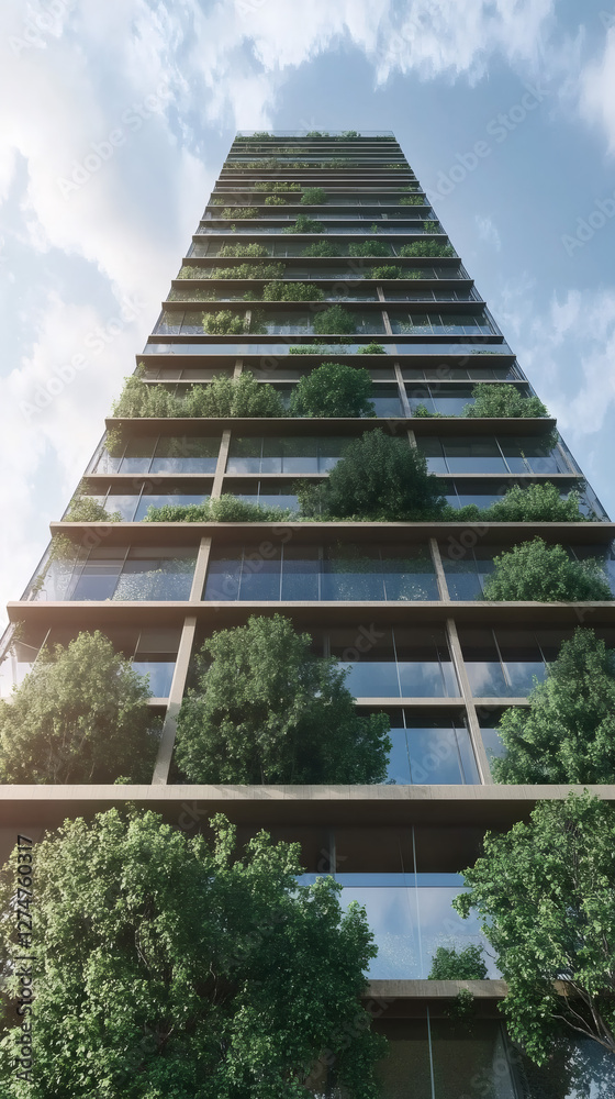Aufkleber lush greenery adorns the balconies of a modern high-rise building, creating a vertical garden agains