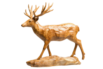 Intricate wooden carving of a majestic deer captured in artistic elegance at a craftsman's studio isolated on transparent background
