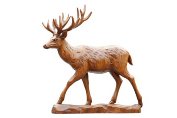 A beautifully crafted wooden deer sculpture showcasing intricate details and lifelike stance isolated on transparent background