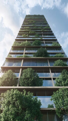 Lush greenery adorns the balconies of a modern high-rise building, creating a vertical garden against a cloudy sky