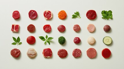 Naklejka premium A vibrant assortment of various meats and garnishes arranged artistically on a white background