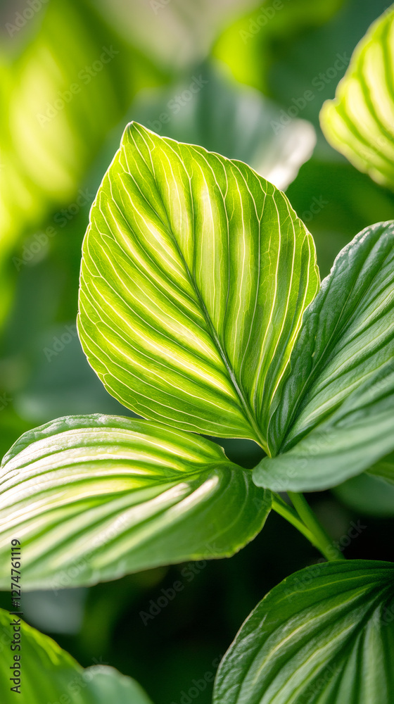 Poster sunlight illuminates the vibrant parallel veins of a green leaf, showcasing the intricate patterns o