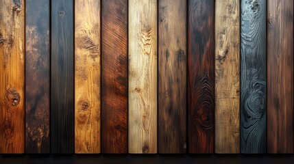 Diverse wooden planks in various colors and textures arranged vertically