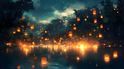 Naklejka premium Enchanting river lanterns: shimmering reflections at night. Enchanted Floating Lanterns. Illustration