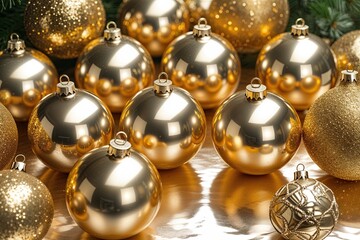 Stunning Gold Christmas Ornaments Displayed on a Glittering Background
