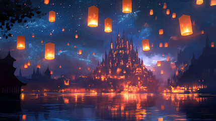 Illuminated lanterns floating on water near a mystical palace at dusk. Enchanted Floating Lanterns. Illustration