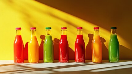 Colorful assortment of juice bottles lined up against a vibrant yellow background with shadows