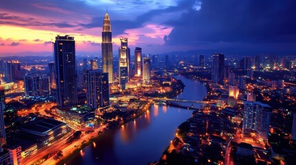 Obraz premium City Lights Illuminate Riverbanks and Skyscrapers at Dusk, Urban Nightscape.