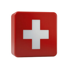 Obraz premium A 3D red cross symbol representing emergency medical assistance is . This iconic design is often found in hospitals and rescue operations, conveying urgent care and support