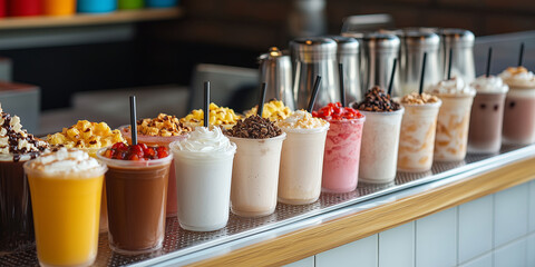 Various types of fruit milkshakes on a counter of cafe