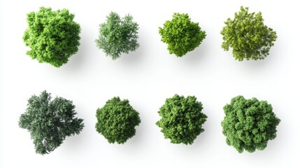 Top view collection of eight lush green trees on white background