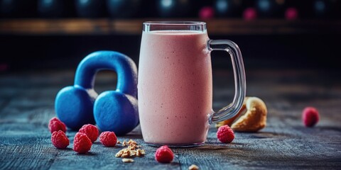 Smoothie, exercise equipment, and healthy snack for a workout regimen.