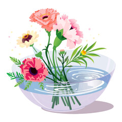 Illustration of a carnation in a bowl of water, ideal for peaceful, calming designs or floral-themed art projects.