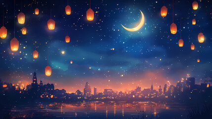 Starry night sky with crescent moon over cityscape and floating lanterns. Enchanted Floating Lanterns. Illustration