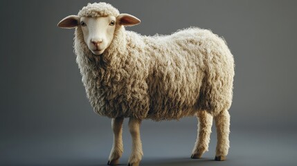 Fototapeta premium Fluffy sheep standing on gray background with curly wool coat in studio lighting
