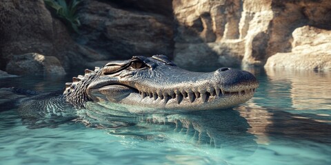 Fototapeta premium A large alligator swimming in the water with a backdrop of rocky terrain and dense vegetation.