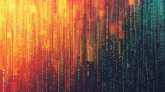 Digital Rain Falls Gracefully with Colorful Data Stream and Binary Code, Big Data Visualization.