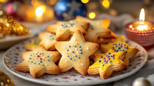 Colorful cookies shaped like stars, decorated with sprinkles and festive toppings for holiday baking.