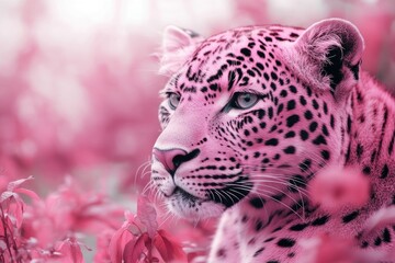 Obraz premium A pink leopard in a field of flowers, exuding an ethereal beauty.