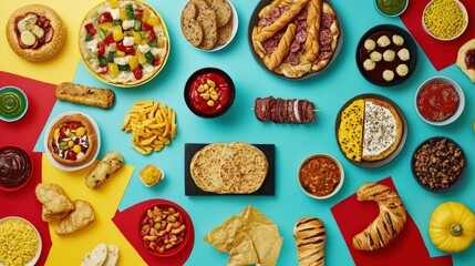 Colorful assortment of various foods arranged on vibrant backgrounds for a festive gathering
