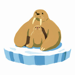 Cartoon Walrus Family Vector Illustration   Hand Drawn Scalable Marine Mammal Artwork