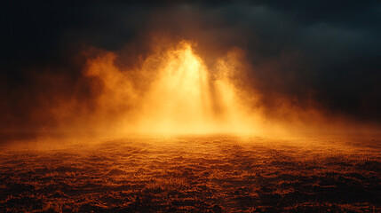 A vast, empty arena filled with smoke rising from the ground, creating a haunting and desolate atmosphere, symbolizing abandonment, uncertainty, and the end of an era in a modern rodeo setting