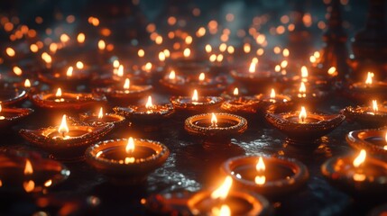 Glowing candles arranged in temple with religious atmosphere, lighting up the surroundings with warmth and sacredness.