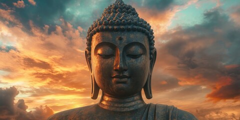 A serene scene of a Buddha statue against the backdrop of a breathtaking sunset, with clouds and reflection in the water.