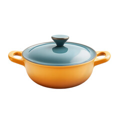 Colorful ceramic casserole dish with a teal lid and orange base. Features side handles for easy serving and cooking. Ideal for modern kitchens, meal preparation, and stylish dining experiences.

