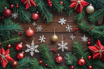 Joyful Landscape Featuring Evergreen Branches and Holiday Ornaments