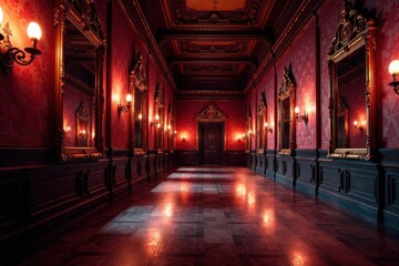 Ornate mirrors line walls in dimly lit space, decoration, minimalist, mirror