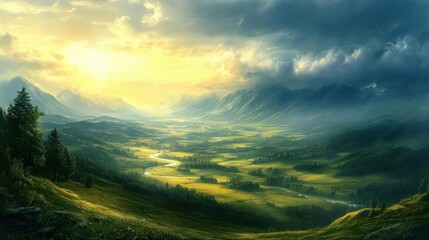 Obraz premium Green Valley Winds through Lush Mountains under Golden Sunlight, Peaceful Landscape.