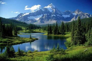 Mountain Reflects in Lake with Trees. Pristine Nature Landscape with Alpine Serenity and Wilderness Exploration.