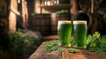 Two glasses of green beer on a bar top with shamrocks, evoking the Irish spirit and celebration of St Patrick's Day.