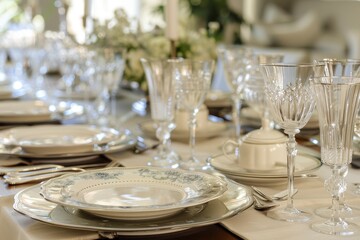 Elegant dining setup features fine china and glassware in a beautifully arranged table setting for a formal event