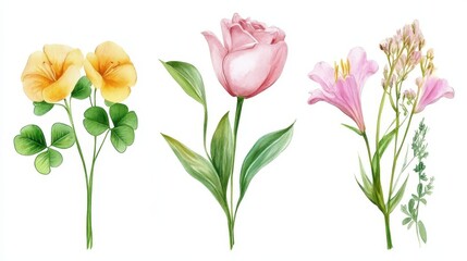 Obraz premium Vibrant watercolor flowers: yellow pansies, pink rose, and blossoms against white background