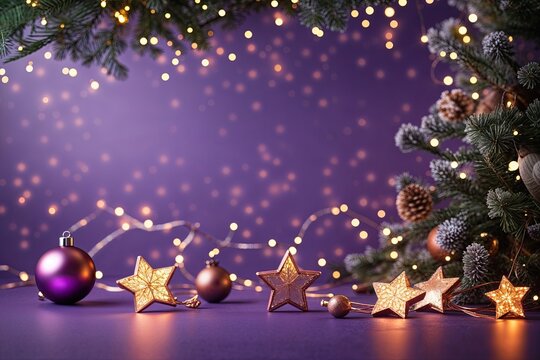Vibrant Violet and Copper Background with Twinkling Star Lights for Holiday Events and Product Displays