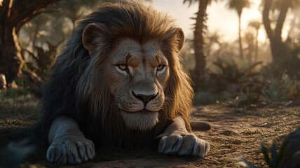 Obraz premium the lion watches and lies down on the ground