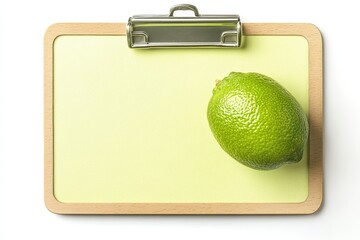 A fresh lime resting on a yellow notepad on a wooden clipboard in bright daylight isolated on transparent background