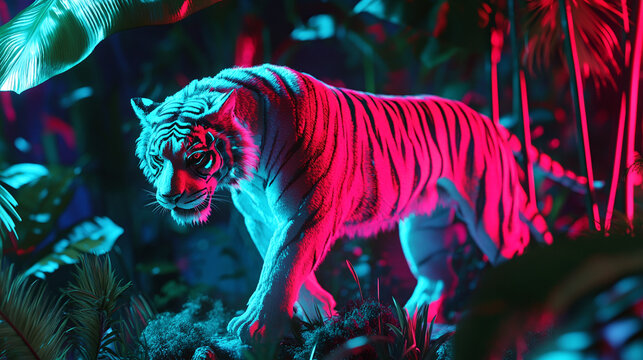 Cybernetic Tiger Stealthily Prowling Through Lush Emerald Jungle Landscape