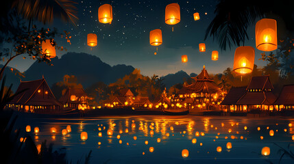 Enchanted asian village at night with floating lanterns. Enchanted Floating Lanterns. Illustration