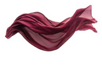 Graceful swirling burgundy fabric flowing gracefully in the air against a soft background isolated on transparent background