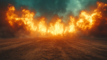 A vast, empty arena filled with smoke rising from the ground, creating a haunting and desolate atmosphere, symbolizing abandonment, uncertainty, and the end of an era in a modern rodeo setting
